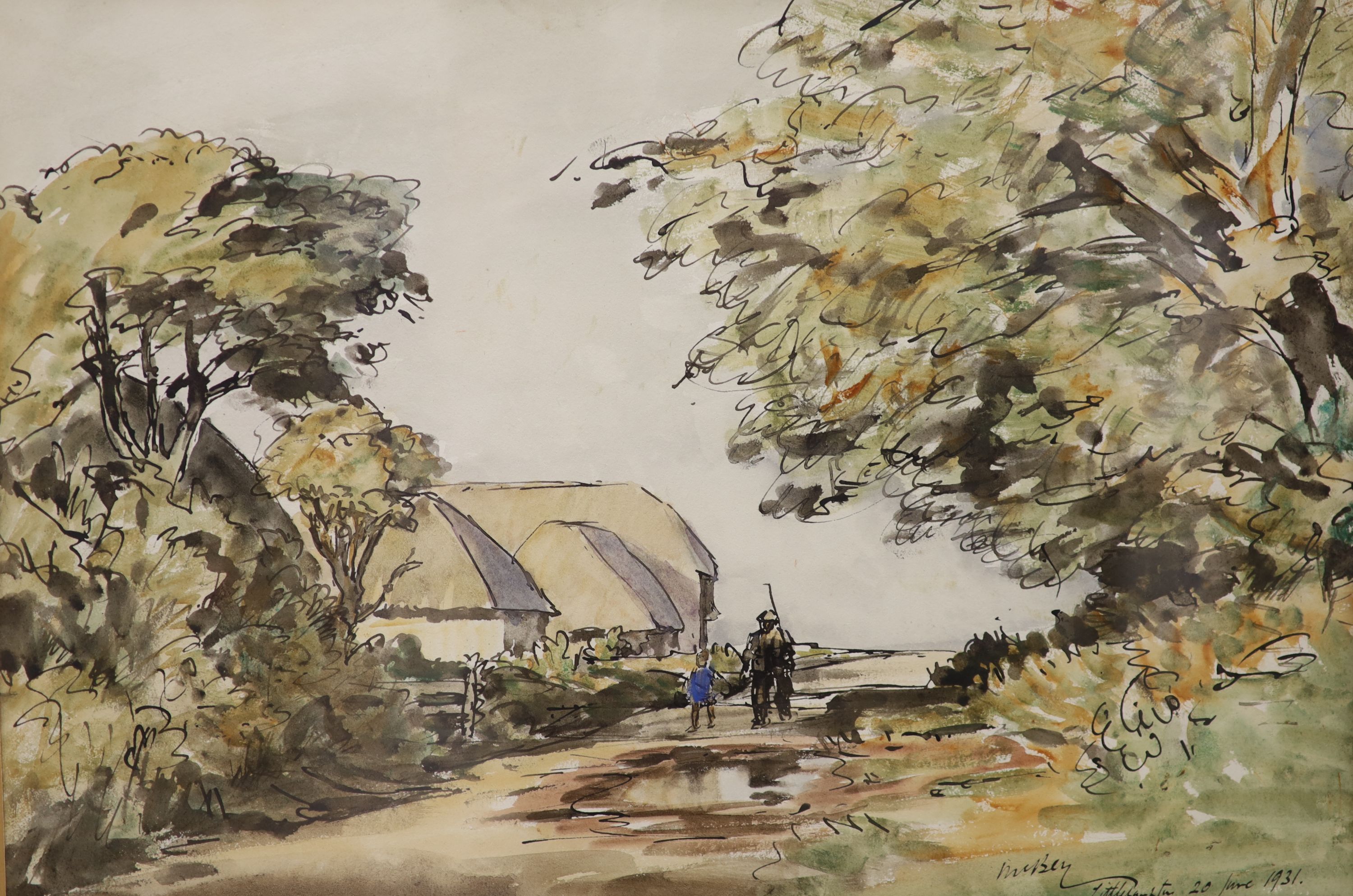 James McBey (1883-1959), ink and watercolour, Figures in a lane, Littlehampton, signed and dated 1931, 29 x 42cm